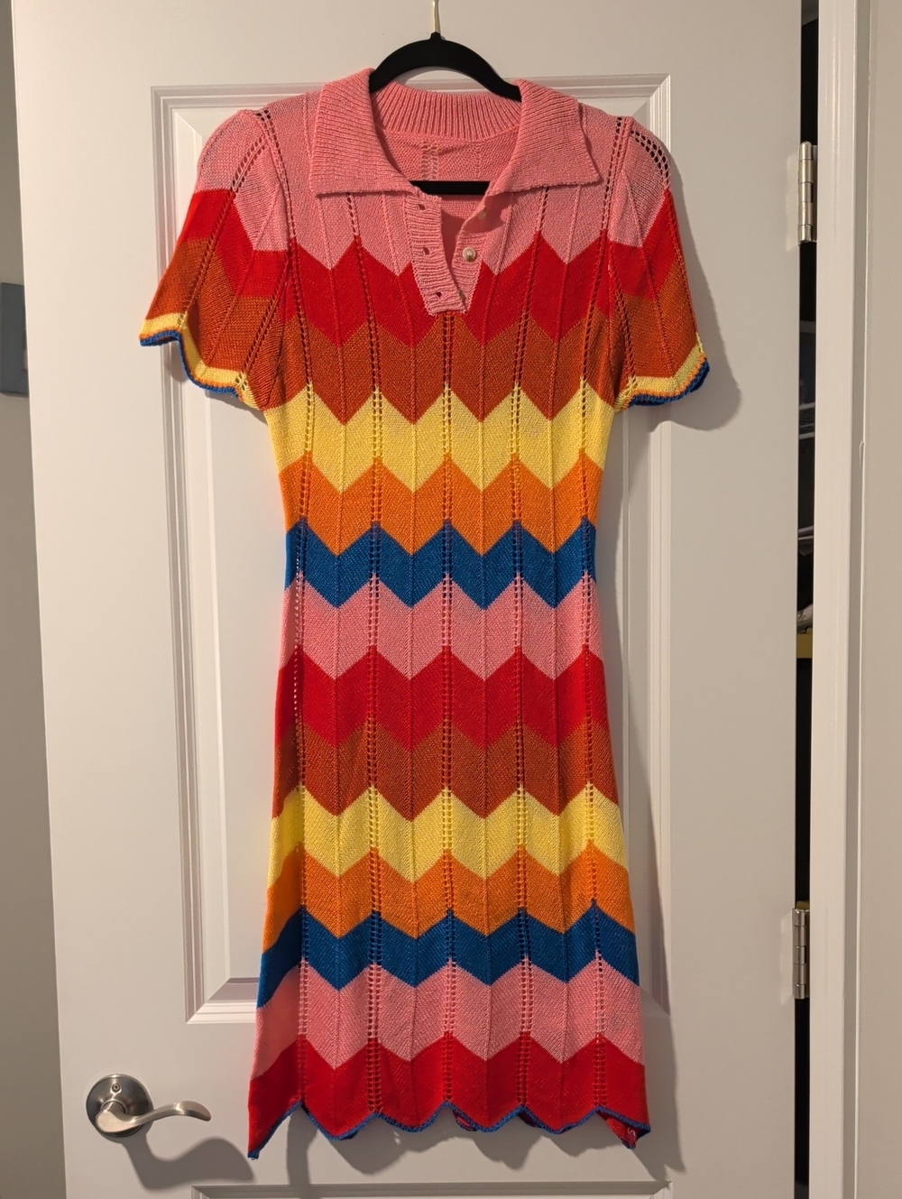 Multicolor Chevron Knit Polo Dress - Pink, Red, Yellow, Blue
